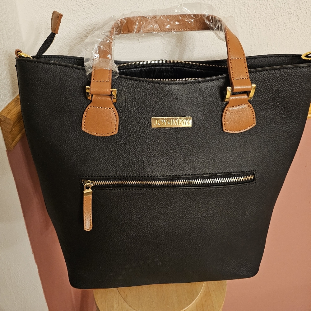 Large Joy&Iman Leather Black Tote With Crossbody Bag